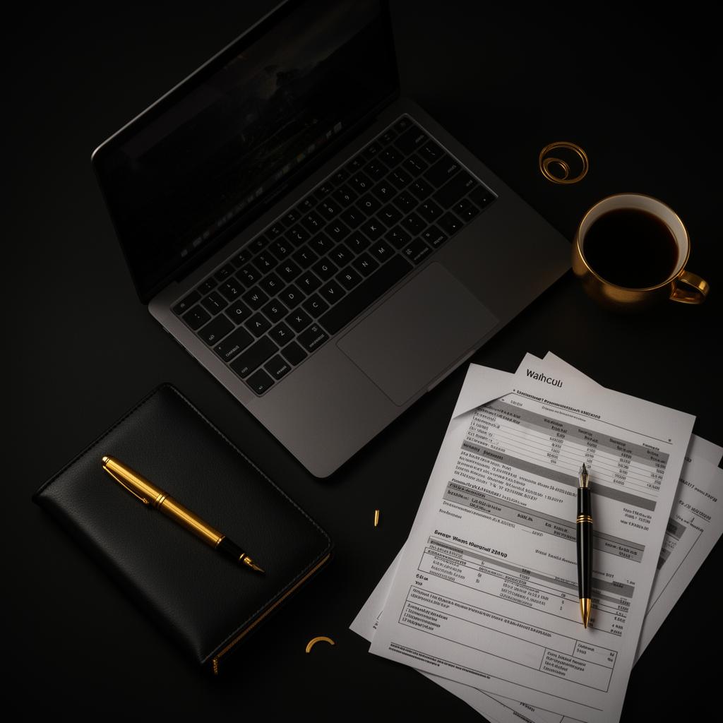 Luxury workspace with laptop, planner, gold pen and financial documents